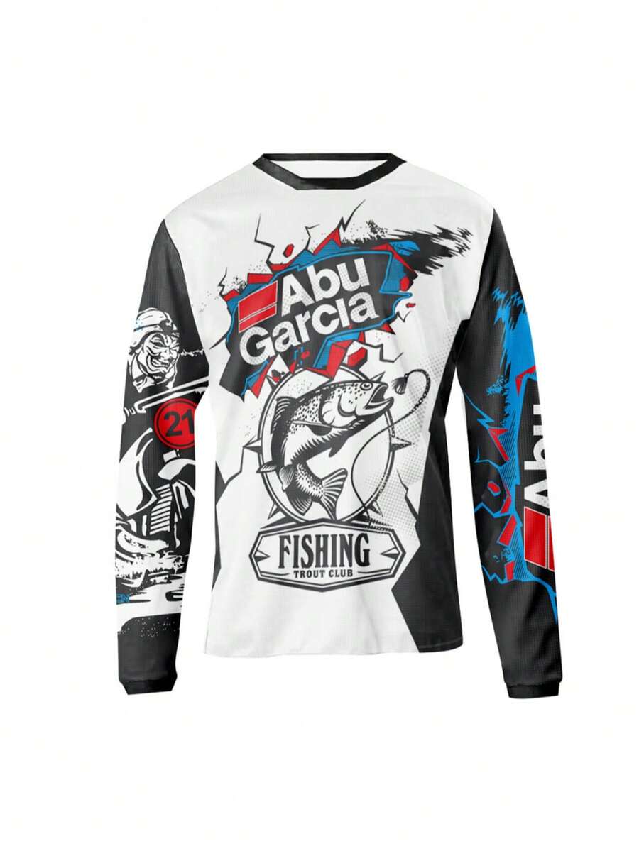 ABUGARCIA Multi-Season Men's Cycling Shirt – Breathable, Quick-Dry, V-Neck, Long Sleeve, Fish Pattern - Black and White - View 1