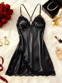 Women's Nightgown, Mature Floral Print Satin Lace Trim Sleepwear Dress, V-Neck Criss-Cross Backless Side Slit Slip Dress, Comfortable Robe