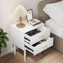White Bedside Table With 2 Drawers, Bedroom Nightstand, Modern Bedside Table With Wooden Legs, 1 Piece - White - View 3