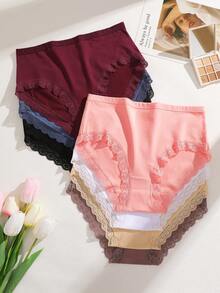 8Pcs Cotton Mid-High Waist Lace-Trimmed French-Style Full-Coverage Women's Briefs In Multiple Sizes, S-XXL Plus Size Women's Panty Sets. - 彩色 - 查看 2