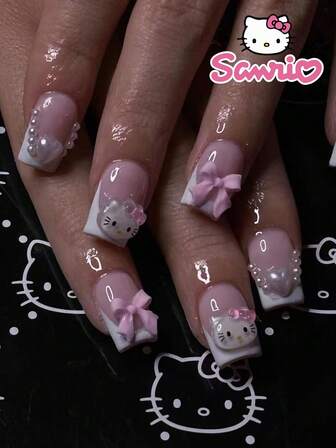  24 Pieces Of Short Square Fake Nails HelloKitty White French Pink Bow Sanrio Cute Press On Nails Nail Set (With: A Piece Of Jelly Gel And File) Suitable For Women's Daily Dating Party