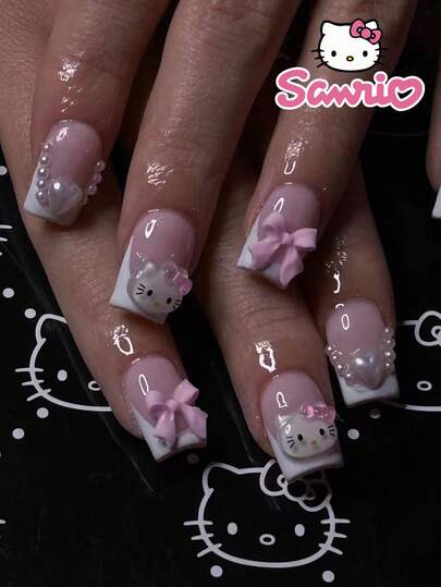  24pcs Hello Kitty White & Pink Bow Sanrio Cute Short Square False Nails Set (Includes: 1pc Jelly Gel And Nail File), Suitable For Women's Daily Dates And Parties