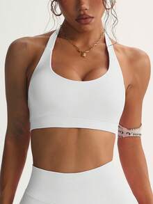 Women's Solid Color Quick Drying Comfortable High Elasticity Bra, Suitable For Yoga, Girls' Gym Exercise, Pilates Exercise, All Season Knitted Camisole Women's Underwear, Giving You The Best Exercise Experience, Women's All Season Sports Underwear - 白色 - 查看 6