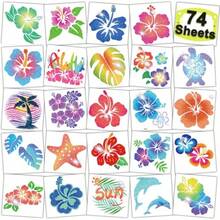 TYUI Glitter Hibiscus Temporary Tattoos For Aloha Party Decoration - 74 Individually Sheets Glitter Hawaii Flower Tattoos For Women Hawaiian Party Favors - 彩色 - 查看 1