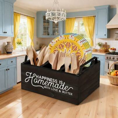 Wooden Kitchen Utensil Storage Box, Modern Simple Kitchen Organizer, Portable Compartment Knife And Fork Storage Box