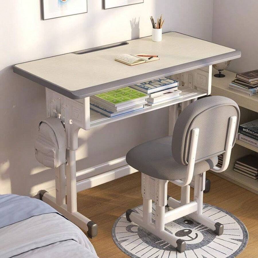 Adjustable Height Study Desk And Chair Set Multifunctional School Student Writing Desk Study Table And Sponge Chair Set With Storage Drawer - Wood - View 1