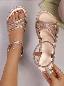 25 Years Women's Popular Fashion Versatile Comfortable Rose Gold Rhinestone Embellished Criss-Cross Strap Beach Sandals With Elegant Vacation Vibe, Flat - Rose Gold - View 9