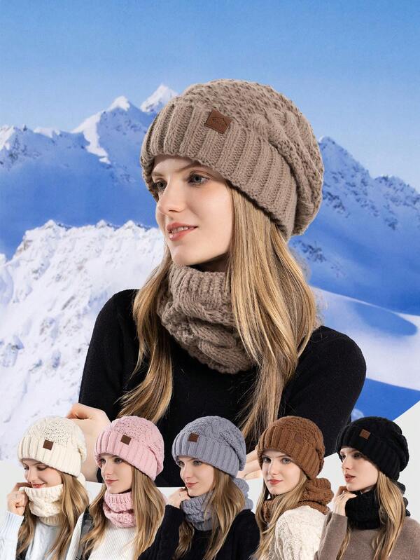 طقم قبعة وشال محبوك على الطراز الأوروبي والأمريكي للنساء، قبعة بيني دافئة ومقاومة للرياح مع أذنيات، عبر الحدود