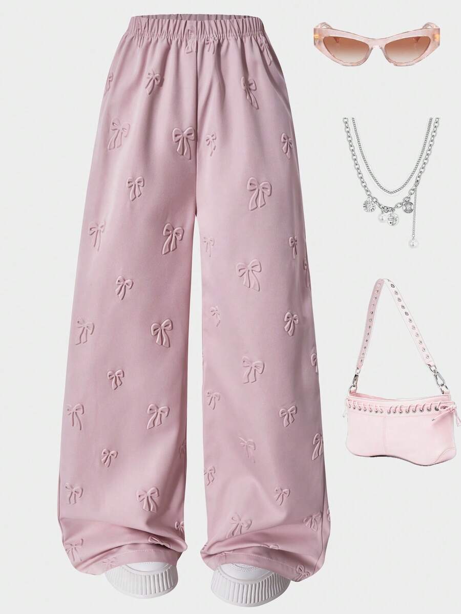 时尚甜美休闲简约3D立体蝴蝶结装饰阔腿裤，粉色，适合春秋季户外、派对、校园及日常穿着。 - 粉色 - 查看 1