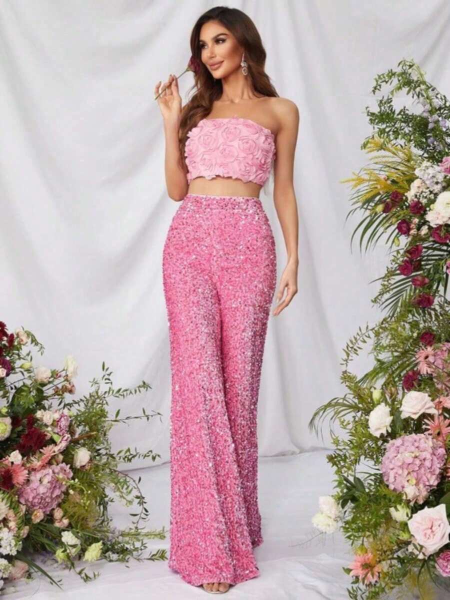 And Fashionable Women's Suit, One Neck Strapless, Applique Technique, Mid Waist Slimming Pants, Solid Color Sequins, Fashionable Casual Wide Leg Pants, Cocktail Party, Party, Christmas, Nightclub, Banquet, Film Festival, Cinema, Dance Party, Cocktail Party, Bar, Wedding, Graduation Ceremony, Back-To-School, Birthday Party, Rebellious Girl, Festival-Themed Party, Outwear, Street Fashion, Fashion Show, Date, Easter, Mother's Day, Going To Work At University, School, Village, Concert, Street Girl, Young Girl, Country Outfits For Women, Best Outwear For Women, Women's Vacation Clothing, Country Concert Outfit, Country Outfits For Women, Streetwear, Concert Outfit For Women, Boho Women's Clothing, Country Concert Outfit, Concert Outfits, Vaquera Outfit, Y2K Clothes, Women's Club Outfits, Y2K Women's Clothes, Women's Clothing, Country Concert Outfit For Women - 粉色 - 查看 1