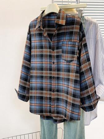 女士复古美式格子休闲宽松衬衫，适合所有季节