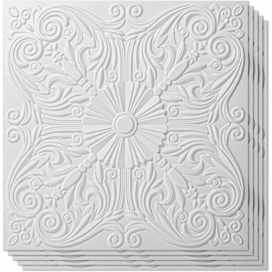 Decorative Ceiling Tile 2x2, Lay In Ceiling Tile 24x24 Pack Of 12pcs Spanish Floral In Matt White - 24"x24" + White - View 1