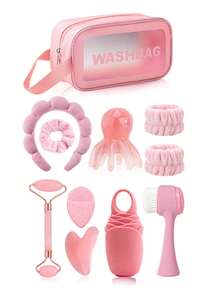 1/3/4/11pcs/Set Facial Beauty Tool Combo Set, Face Cleansing Tools, Head Massage Tools, Scraper, Roller, Cleansing Brush, Ice Pack Mold, Headband, Wristband, Scrunchie, Toiletry Bag, Women Care Tool Kit, Suitable For Students, Moms, Sisters, Gift - Multicolor - View 11