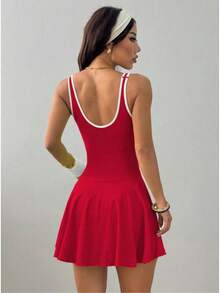 Women Dress Women'S High-Elasticity Sports Dress With Built-In Bra & Shorts - Sleeveless Twist-Cut Tennis Skirt For Gym, Yoga, Casual Wear - Vibrant Pink, Yoga Apparel, Formfitting Silhouette, Durable Sportswear - 紅色 - 查看 3