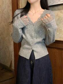 韓国スタイルの純粋な欲望優しいレース V ネック長袖ニットカーディガンカシミヤセーター女性のコート - グレー - チェックする 2