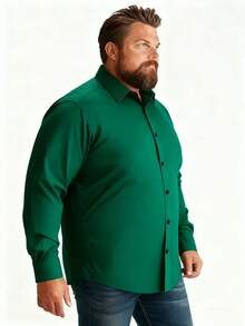 男士加大码休闲橄榄绿长袖衬衫，简约纯色，适合日常穿着和通勤，春秋季 - 墨綠色 - 查看 4