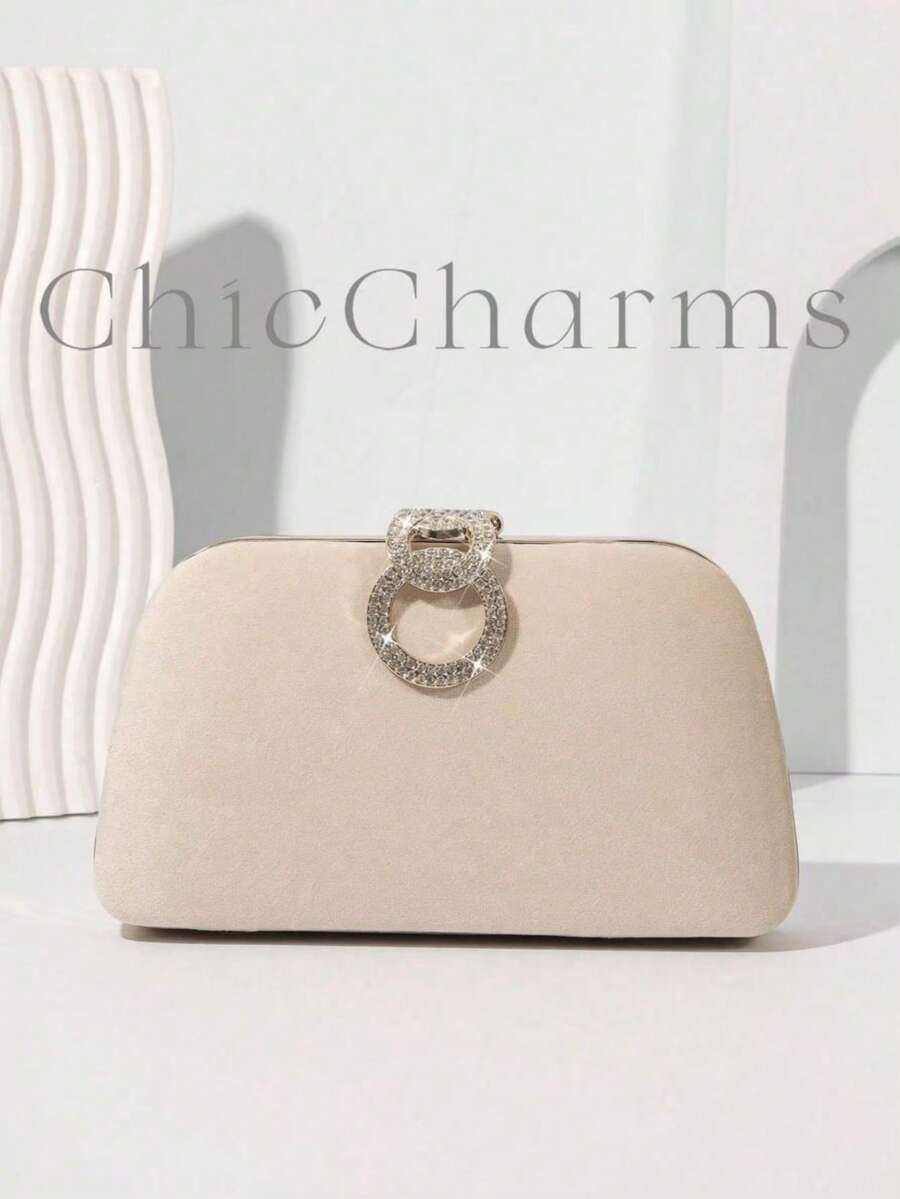 女士时尚闪亮钻石翻盖盒形晚宴手拿包，闪亮宴会手提包，适合婚礼派对舞会，杏色天鹅绒新娘钱包配链条 - 杏色 - 查看 1