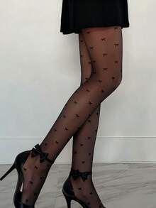 1pc Women's Pantyhose Tights, Sexy Black Sheer Tights With Bow, Transparent Stockings, Leg Shaping Tights, Valentine's Day