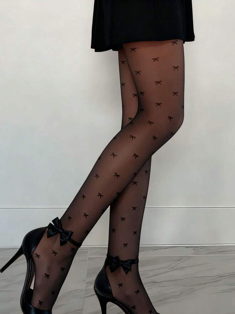 1pc Women's Pantyhose Tights, Sexy Black Sheer Tights With Bow, Transparent Stockings, Leg Shaping Tights, Valentine's Day - Black - View 3