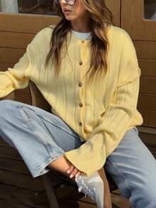 1 件女式纯色百搭舒适针织开衫，宽松版型，长袖 - 黃色 - 查看 2