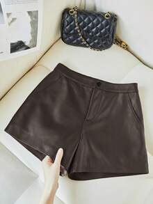 Quần short skinny co giãn màu đen SMILE CHIC đa năng, thiết kế tiện dụng với túi chéo và cúc cài, phù hợp cho mặc hàng ngày, dự tiệc, hẹn hò, mọi mùa hè. - Cà phê nâu - Xem 3