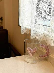 1pc INS Style Bow & Heart Print Glass Cup, Asymmetric Handle Water Mug, Home Afternoon Tea Coffee Cup, Juice Cold Drink Cup, Breakfast Milk Cup, Yogurt Oatmeal Cup, Holiday Gift Cup, Great Gift For Friends And Family, Valentine's Day Gift, Back To School Gift - Multicolor - View 5