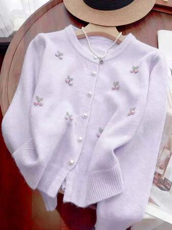 Cárdigan de punto con bordado de cerezas y decoración de perlas para mujer, diseño versátil, otoño/invierno