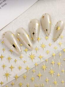 2 Packs 3D Gold Star Nail Stickers, Gold Star Burst Cross Star Nail Art Decals, Y2K Nail Stickers Self-Adhesive Slider Nail Salon Stickers - Gold - View 6