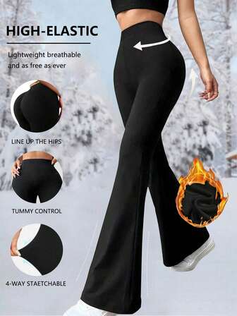 Pantalones acampanados de cintura alta de unicolor, cálidos para el invierno, para mujer de talla grande. Pantalones deportivos/de yoga, mallas de compresión, pantalones para correr y fitness. Leggings de mujer, ropa de mujer.