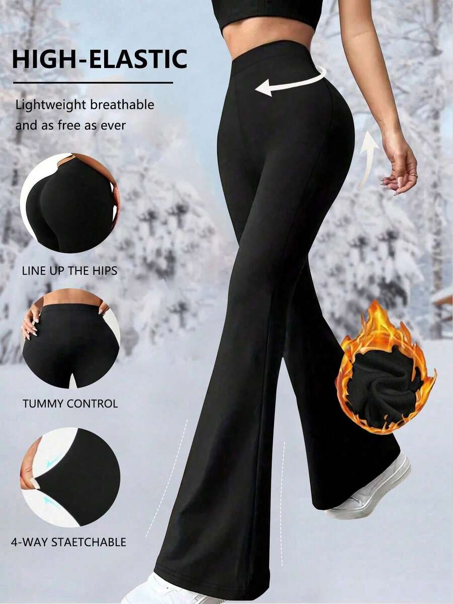 大码女式高腰纯色冬季保暖喇叭裤，运动瑜伽紧身裤，跑步健身压缩紧身裤，女式下装