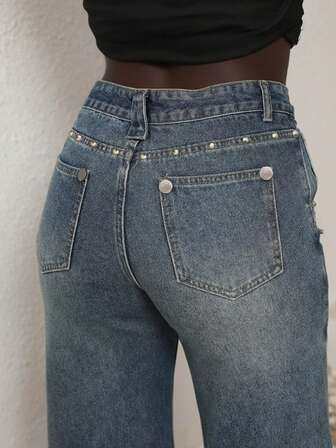 休闲可爱优雅波西米亚性感牛仔口袋拉链纽扣牛仔裤，适合日常穿着、夜间外出、单身派对、返校派对、秋季茶话会