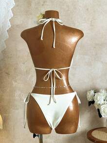 Women's Elegant Spaghetti Strap Draped Bikini Set, Tie Detail, Suitable For Summer Beach Vacation And Pool Party - Beige - View 5