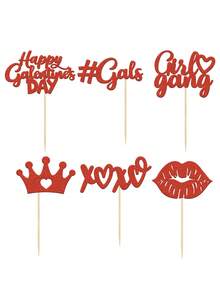 12pcs Red Happy Galentine's Day Cake Decorations - Glitter Bestie Holiday Love Lips XOXO Cupcake Toppers - Suitable For Galentine's Day Friends Party Decor, Valentine's Day Party Decor - Multicolor - View 6