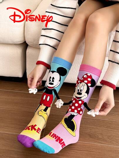 Disney 1双磁性情侣袜，可爱米奇米妮自粘袜，圣诞主题，适合春、冬、秋、夏，完美派对礼物，彩色中筒女袜，粉丝必备