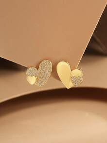 1 Pair Asymmetrical Heart Shaped 925 Sterling Silver Earrings With Full Stones, Elegant Gold Plated Fashion Jewelry Gift For Women, Girlfriend, Mother, Friend, Couple, Daily Wear - Gold - View 3