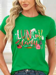 T-Shirt With Kitchen Print And Lunch Lady Text For Cooking And Home Cooking - Green - View 1