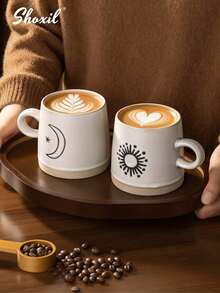 shoxil 1个陶瓷马克杯，粗面陶瓷咖啡杯，月亮图案咖啡杯，带把手咖啡杯，太阳图案咖啡杯，适合家庭、咖啡店、斋月、宰牲节 - Cup - 查看 8