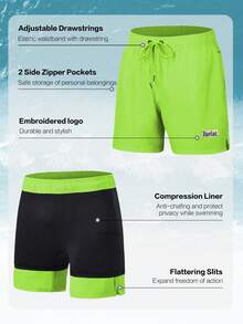 TURLAT 2 In 1 Mens Swim Trunks Quick Dry Beach Board Shorts With Drawstring And Zipper Pockets Comfy Summer - Green - View 3