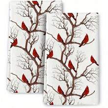 Winter Cardinal Birds Christmas Decor Kitchen Towels, Set Of 2, Polyester Microfiber Dish Cloths, Soft Absorbent Knit Tea Towels, Contemporary Style, Space Theme, Machine Washable, For Cooking & Baking