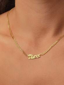 1pc Customized Gothic Women's Name Necklace, 18K Gold Stainless Steel Cuban Chain Name Necklace, Women's Wedding Jewelry Gift - Multicolor - View 6