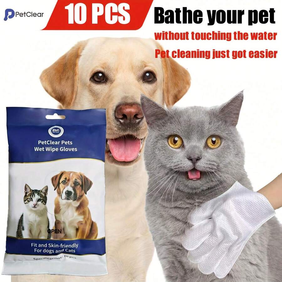 PC Petclear 10片装宠物湿巾手套 - 方便温和，适用于清洁猫狗，是快速清洁的理想之选。可去除污垢、异味和多余毛发，非常适合旅行、户外探险和日常护理。