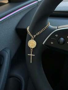 1pc Steering Wheel Decor, 15cm Adjustable Length, Minimalist, Cute, Creative Rosary Beads Car Charm Accessory, Unique Fashion Car Hanging Decoration - 綠色橢圓形盤子 + 水鑽雙十字架 - 查看 8