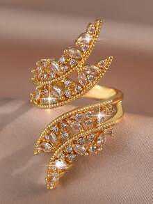 1枚时尚精致大叶形开口立方氧化锆订婚戒指，金色，适合女性，结婚周年纪念派对珠宝礼物 - 金黃色 - 查看 1