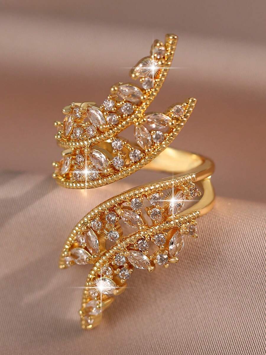 1枚时尚精致大叶形开口立方氧化锆订婚戒指，金色，适合女性，结婚周年纪念派对珠宝礼物 - 金黃色 - 查看 1