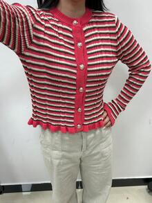 SEREN cárdigan de punto de manga larga con cuello redondo, botones y rayas en contraste, nuevo modelo de primavera, suéter de punto de manga larga con corte ajustado que estiliza la figura - Rosa Fucsia - Ver 6