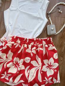 AMYLAN FASHION Women's Set Consisting Of A Spandex Bodysuit And A Printed, Lined Skirt With Shorts. - branco com vermelho\flor - Xem 6