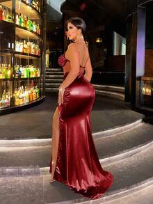 CHOSMO Đầm dạ hội maxi dáng đuôi cá màu đỏ satin, phối lưới, xẻ tà bên hông, eo cao, hở lưng, khóa kéo, thích hợp cho buổi hẹn hò, dự tiệc cưới thanh lịch, hoặc ngày lễ tình nhân mùa xuân. - Đỏ - Xem 3