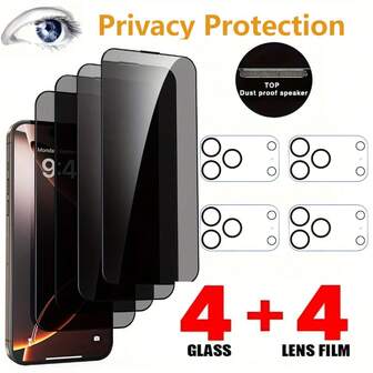 适用于 17 Pro Max/16/17 Pro/17 Air/17/16 Pro Max/15 Pro Max/14/13/12/11 的 8 合 1 套装，包含 4 张隐私屏幕保护膜 + 4 张摄像头镜头保护膜，防尘、防窥、防刮、防指纹，提供全方位隐私保护，防指纹涂层，隐私保护膜，时尚手机保护壳，防碎裂保护层，防刮擦层，摄像头镜头盖
