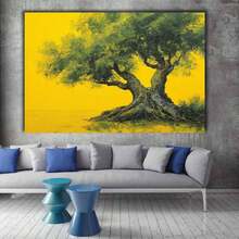 [2D Flat] 1Pc Framed Ready To Hang, Retro Graffiti Tree Tree Of Life Scenery Canvas Wall Art, Modern Abstract Yellow & Green Tree Posters Painting Pictures Wrapped Framed Print, Home Decor Living Room Dining Room Wall Decor For Bold Homeowners, Impressionistic Style - 金色 - 查看 2
