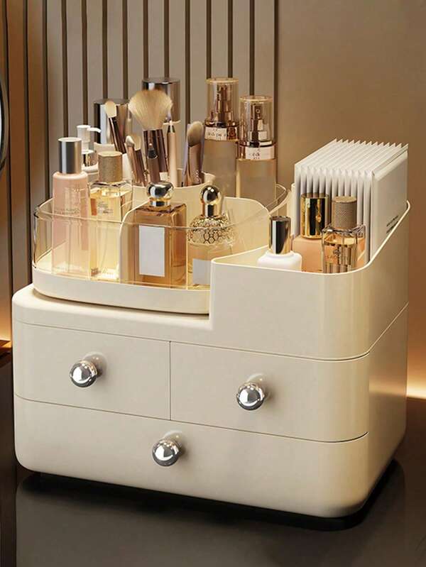 1个旋转式桌面抽屉式化妆品收纳盒，防尘大容量梳妆台置物架，可收纳口红和护肤品，化妆品收纳盒，多功能护肤品收纳架，女士礼物，圣诞礼物，女士送礼佳品